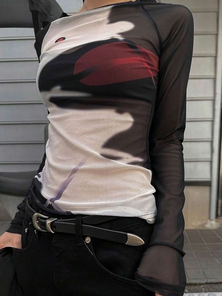 Women's Color Block Asymmetrical Printed See Through Mesh Top Going Out Tops Summer Long Sleeve Women Tops