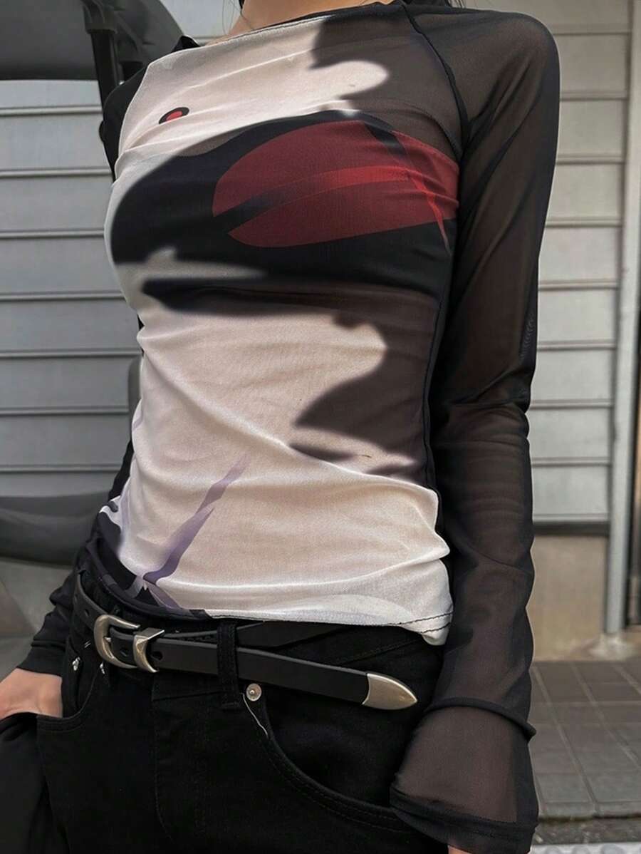 DAZY 女士拼色不对称印花透视网眼上衣外出上衣夏季长袖女上衣 - 彩色 - 查看 1