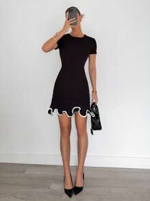 Siren Gaze Women's Elegant Black And White Ruffle Hem Mini Dress,Knitted Bodycon Summer Cocktail Party Dress,Cute Business Casual Brunch Work Short Dress - Black - View 4