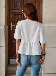 Solivie 女士夏季100%纯棉刺绣度假宽松泡泡袖系带衬衫，适合教师穿着，夏季女装，纯棉刺绣上衣 - 白色 - 查看 3