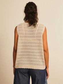 SHEIN VCAY Plus Size Women Floral Patched Sleeveless Casual Crochet Top Sheer Top Ibiza Butter Yellow See Through Top Scoop Neck Summer Beach Vacation Beach Boho Rave Country Concert Festival Brunch Beach Vacation Graduation Old Money Cute Summer Tops Going Out Tops Women Summer Bottoms Concert Tops - Apricot - View 2