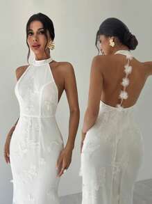 Firerie 女士优雅浪漫精致约会派对节日舞会礼服，蝴蝶 3D 网眼无袖露背白色长裙，毕业礼服 - 白色 - 查看 10