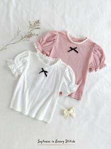 Cozy Pixies 2pcs/Set Baby Girl Ruffled Collar Bow Decor Short Sleeve Pullover Top - Multicolor - View 3