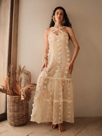 Anewsta 女士纯色花卉装饰荷叶边下摆露背罩衫连衣裙，适合度假穿着