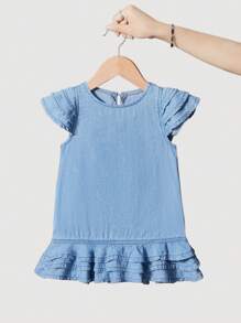 SHEIN Baby Girl Loose Fit Light Blue Denim Round Neck Ruffle Sleeve Hem Dress, Spring And Summer Casual Vacation - Light Wash - View 2