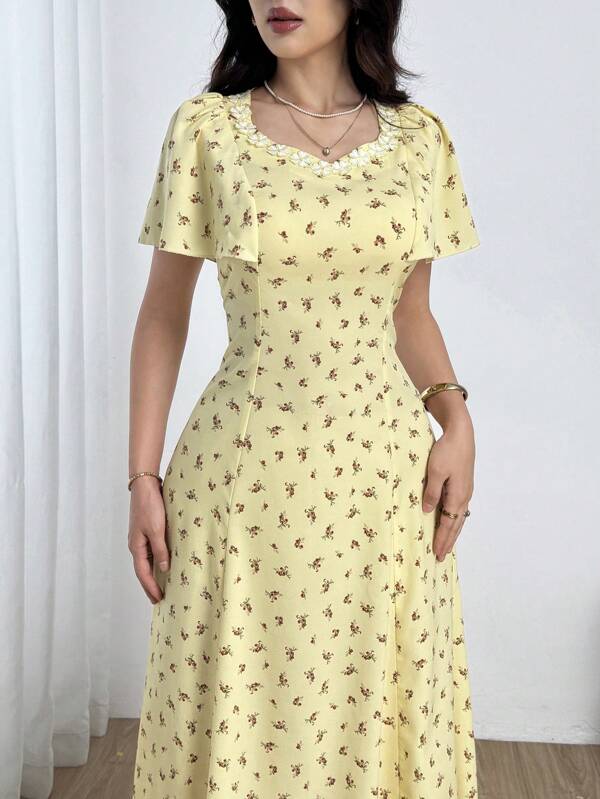 Modelyn French Romantic Waist Cinched Flared Hem Maxi Yellow Dress For Women