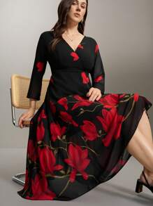 Flouryn 加大码优雅花卉印花长裙，春秋季长款女装 - 黑色 - 查看 1