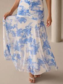 Lilora Elegant Lässig Pendler Raffungen Muster Kleid Städtischer Stil Blau Blumen Volant Ärmel Langes Kleid Städtische Lässig, Romantisch und Elegant, Ausgehen - Blau - Übersicht 4