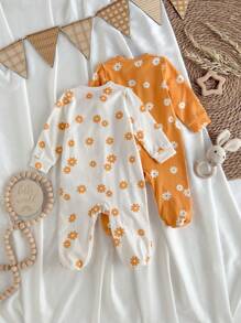 Loomiva 2pcs/Set Baju Terusan Bayi Perempuan Baru Lahir Motif Bunga Rajut Lembut Leher Bulat Lengan Panjang dengan Motif Bunga Daisy dan Piyama Terusan untuk Musim Gugur dan Musim Dingin - MultiWarna - View 2
