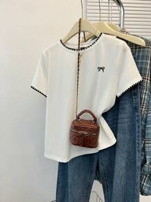 INAWLY 女士休闲撞色贝壳蝴蝶结刺绣圆领T恤