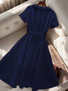 SHEIN Clasi Vestido de verano con cuello de polo plisado de gasa de estilo francés moderno y elegante de manga corta