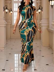 SHEIN Lady 女士链条印花圆领短袖鱼尾下摆修身优雅派对连衣裙 - 彩色 - 查看 5