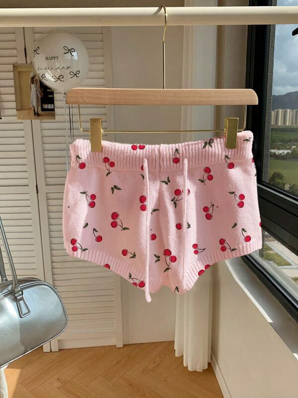 Comfortcana Women Cherry Print Casual Fitted Mini Sweater Pants, Suitable For Summer, Everyday, Cool Wear