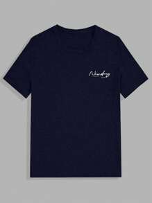 RueChic 男式棉质格子印花室内三件套常规T恤+短裤+长裤家居服套装 - 藏蓝色 - 查看 8