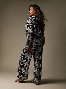 MISSGUIDED Bestickter schwarzer Palazzo Zweiteiler, Bohostil für Festivals, Sommer Strand, modernes geometrisches Muster für Urlaub Ferienzeit und Loungewear