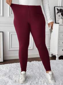 SHEIN LUNE Plus Size Casual Solid Color Thermal Lined Leggings For Winter Thermal Lined Leggings Women Warm Leggings Women Winter Leggings Thermal Leggings Cozy Leggings Women Thermal Lined Leggings - Burgundy - View 4