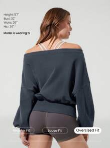 GLOWMODE 日常毛圈布休闲柔软透气吸汗短款宽松紧身下摆露肩运动衫健身房日常运动休闲装 - Iron Gray - 查看 2