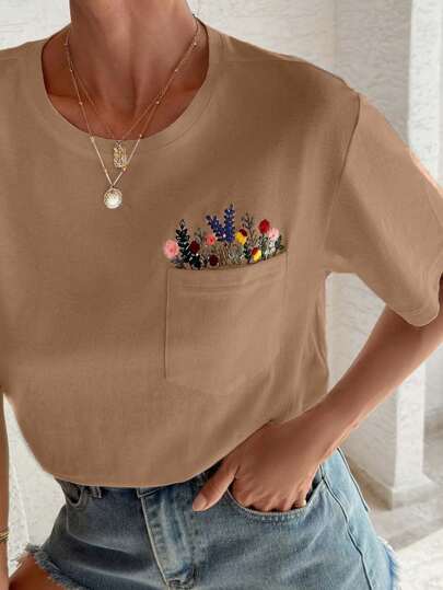 EURMUSE 100%Cotton T-Shirt With Flower Embroidery, Round Collar, Pocket Details