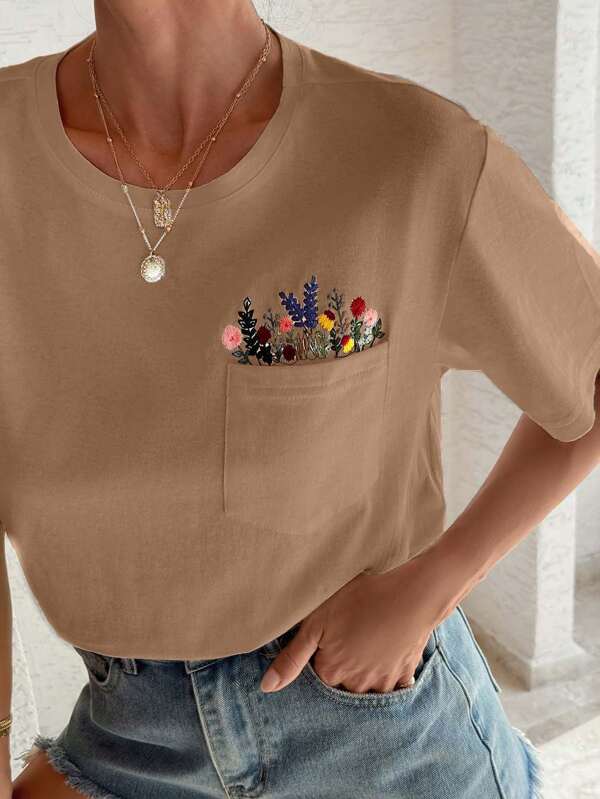 EURMUSE 100%Cotton T-Shirt With Flower Embroidery, Round Collar, Pocket Details