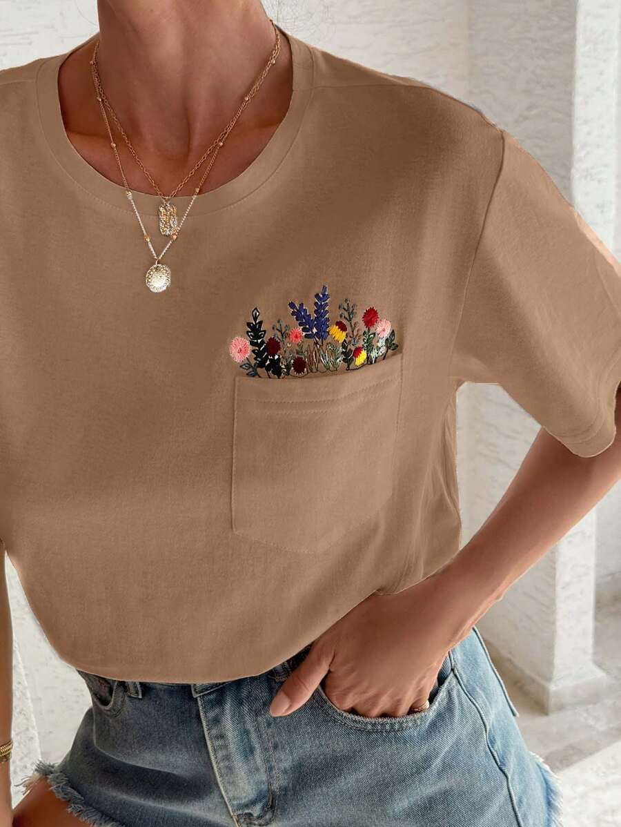 EURMUSE 100%Cotton T-Shirt With Flower Embroidery, Round Collar, Pocket Details - Brown - View 1