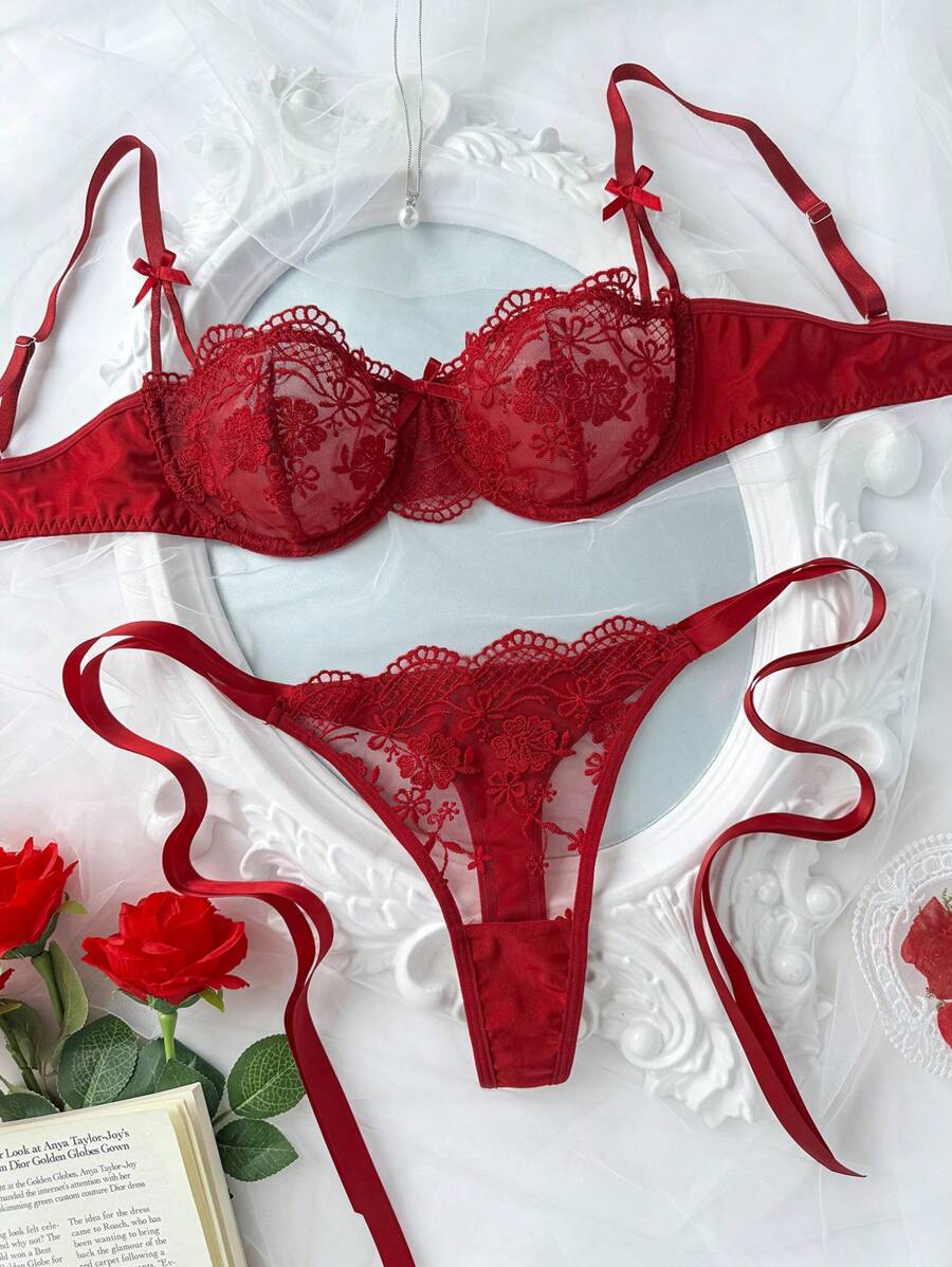 SHEIN Bộ đồ lót và quần lót ren mảnh màu trơn gợi cảm dành cho nữ, 2 món - Màu Đỏ Sâu - Xem 1