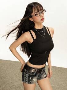 Rina Fox 2pcs/Set Women Fitted Sleeveless Top And Mini Shorts Outfit - Black - View 2