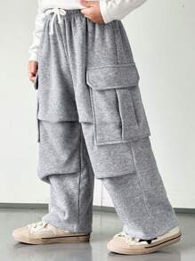 SHEIN Young Boy Casual Cute Everyday Relaxed Straight Open Pocket Sweatpants, Suitable For Trips, School, Gatherings, Autumn Winter, Back To School, Fall - Grey - View 3