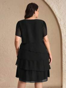 Chikora Đầm xếp lớp mùa hè thường ngày cổ tròn tay loe màu trơn cỡ lớn - màu đen - Xem 2