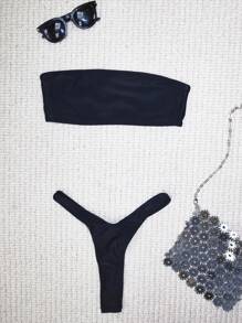 Musera Resort Bộ bikini gồm áo quây và quần đùi cạp cao, thích hợp cho kỳ nghỉ xuân hè, đi biển, màu đen trơn, gợi cảm. - màu đen - Xem 1