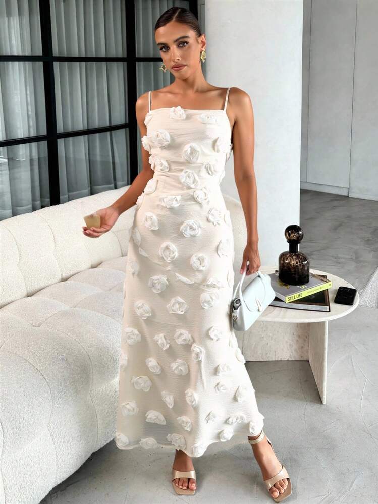 Lavishia Women's Solid Color Floral 3D  Flower Decor Spaghetti Strap Dress    Birthday Dresses For Women  Birthday Outfits For Women  Birthday Dress   Birthday Outfits   Club Dress   Vacation Dress - Apricot - View 3