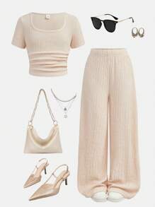SHEIN 青少年女孩休闲时尚百搭针织纹理圆领褶皱腰修身短袖上衣和宽松阔腿长裤套装，周末休闲出游，返校 - 卡其色 - 查看 3