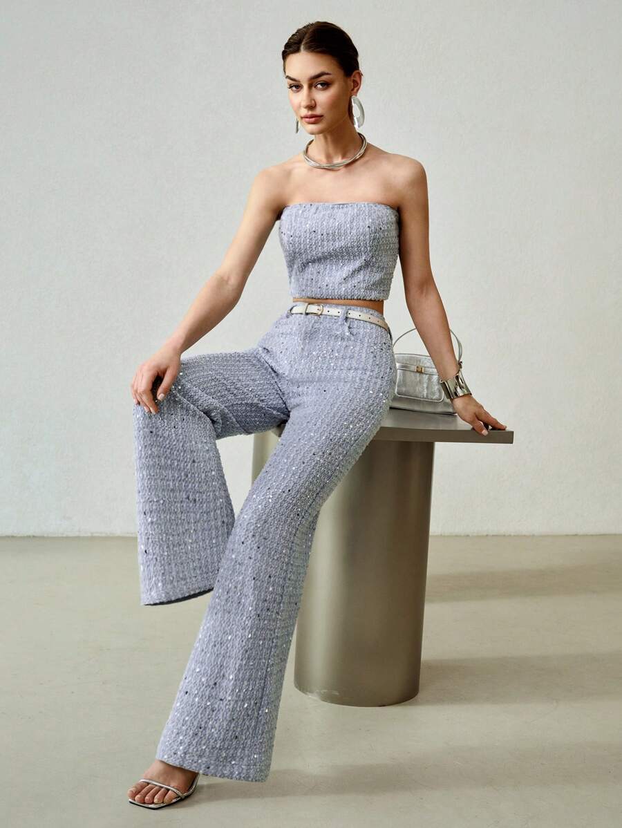 MOTF PREMIUM SEQUIN TEXTURE BANDEAU FASHIONABLE DENIM SET - Baby Blue - View 1
