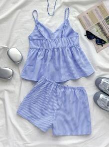 SHEIN 少女套装夏季服装蓝色系带背心配蝴蝶结 - 和休闲夏季套装 - 藍白色 - 查看 2