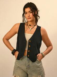 Freevana Kích thước lớn Ngày lễ Cổ chữ V Nút phía trước Áo vest - màu đen - Xem 4