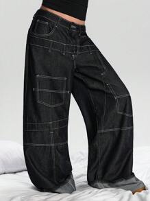 ROMWE Street Life Women's Vintage Street Style Ultra Low Waist Loose Wide-Leg Flared Jeans - Blue - View 4