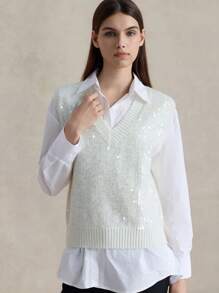 Briarwyn 女式闪光针织上衣，夏季时尚，秋季女装，返校服装，复古服装，女士办公室服装，全白闪光亮片 - 米色 - 查看 8