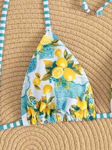 Swim Vcay 女士夏季海滩音乐节蝴蝶结条纹柠檬印花结可爱假日比基尼套装 - 彩色 - 查看 3