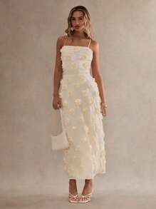 Glamine 女士露背可调节肩带浪漫刺绣花卉连衣裙 - 香檳色 - 查看 2