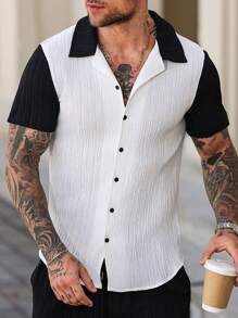 Manfinity Homme 男士拼色单排扣休闲短袖衬衫，夏季 - 白色 - 查看 4