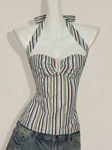SHEIN ICON Striped Backless Halter Neck Top, Summer - Multicolor - View 4
