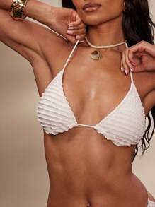 Hauture Summer Sexy Vacation Textured Tier Ruffled Halter Bikini Top - White - View 2