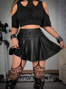 SHEIN Whyspr Fustă mini plisată cu model patchwork și nituri, mărime plus, pentru femei, model hot, fată, mărime plus - Negru - Vizualizare 1