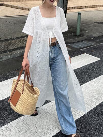 FRIFUL Women's Loose Lace V-Neck Drawstring Bowknot Layered Beach Vacation Casual Chiffon Shirt, Lightweight For Summer White Kimono Summer Kimono Eyelet Kimono Lace Kimono Long Kimono