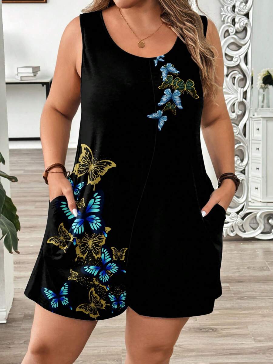 EMERY ROSE Plus Size Women's Casual Minimalist Blue Butterfly Print Jumpsuit, Suitable For Spring/Summer, Mother's Day,Flower/Vacation, Spring Break - Multicolor - View 1