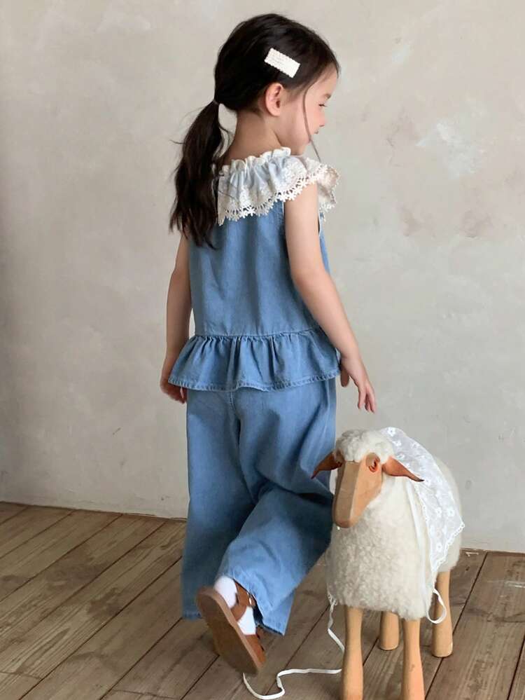 Ruffle Trim Denim Top And Pants 2-Piece Outfit For Young Girls