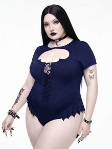 ROMWE Plus Size Gothic Summer Beach Bat Hem Collar Hollow Bodysuit For Women, Navy Blue - Navy Blue - View 4