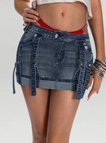 ROMWE J-Fashion Y2K Cyber Girl 朋克原宿垃圾摇滚下摆设计女式低腰迷你牛仔半身裙 - 藍色 - 查看 1