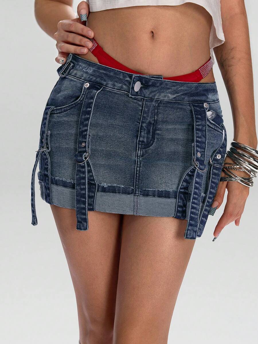 ROMWE J-Fashion Y2K Cyber Girl 朋克原宿垃圾摇滚下摆设计女式低腰迷你牛仔半身裙 - 藍色 - 查看 1