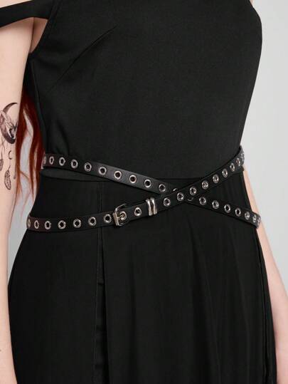 Grunge Punk حزام نسائي ضيق قطعة واحدة مع إبزيم مزدوج الحلقة، سلسلة خصر قابلة للتعديل للارتداء مع الفساتين، إكسسوار فريد