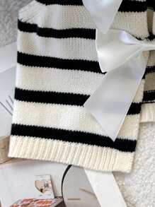 SHEIN 青少年女孩休闲针织圆领罗纹条纹蝴蝶结前开衫，返校季 - 白色 - 查看 7